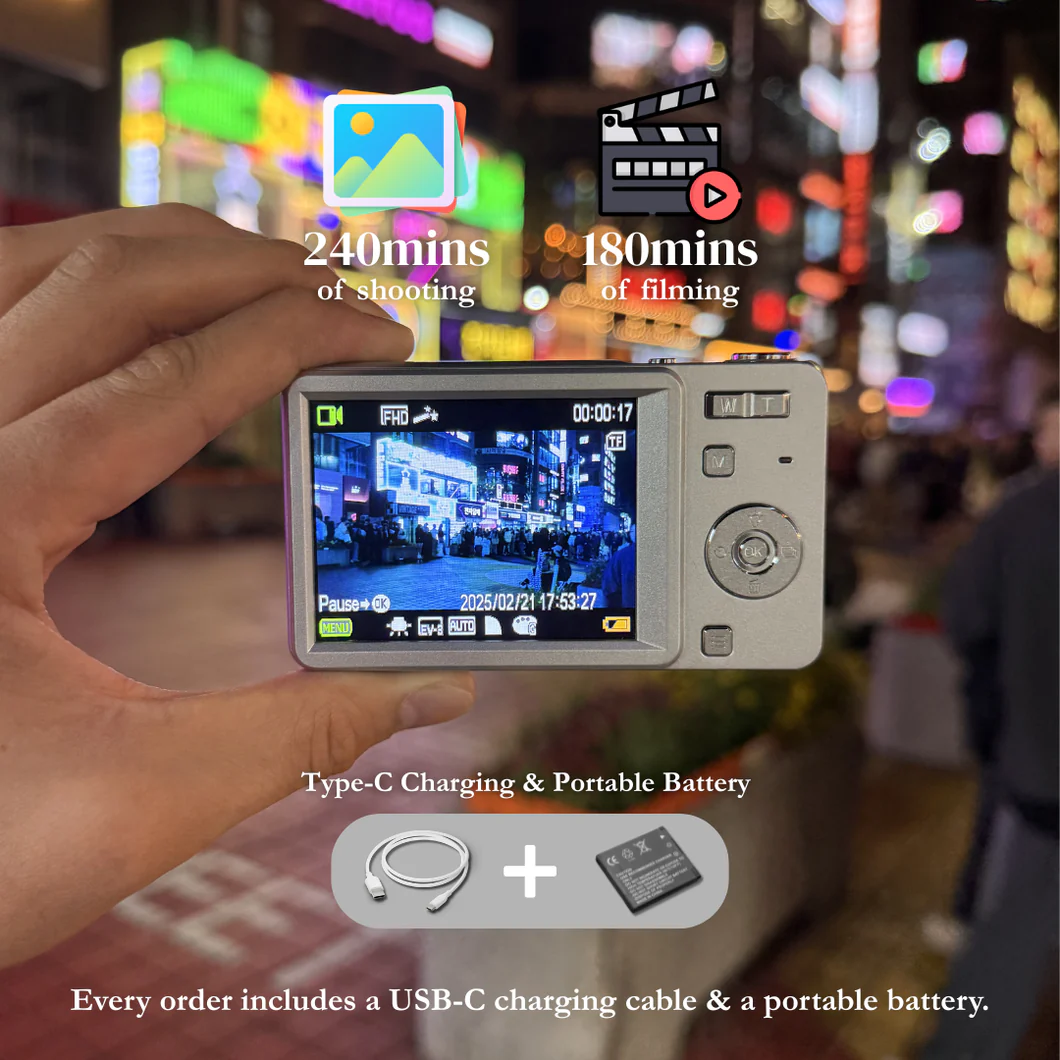 DigiSlide camera with 240 minutes shooting, 180 minutes filming, USB-C cable and portable battery included