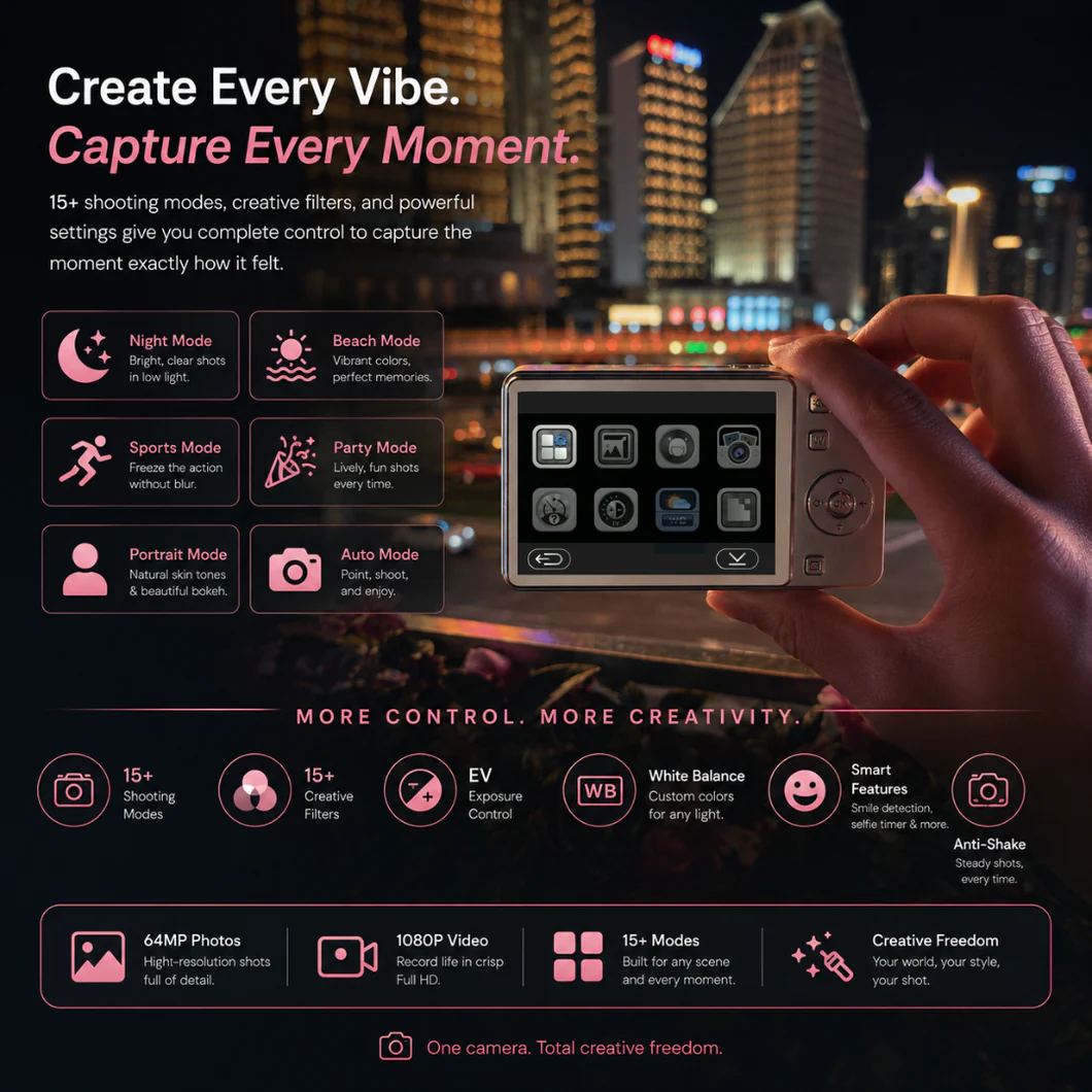 DigiSlide camera shooting mode menu with night, beach, sports, party, portrait and auto modes